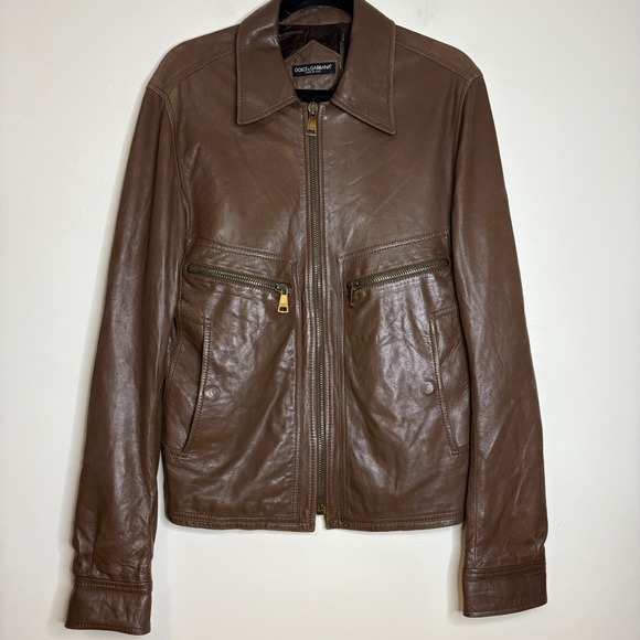Dolce & Gabbana Mens 100% Lambskin Leather Jacket Brown Made in Italy IT 50/US M